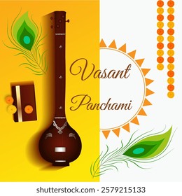 A Vasant Panchami graphic featuring a prominent Veena peacock feathers a book and Marathi and English text Bright yellow and green colors reflect spring and Saraswati