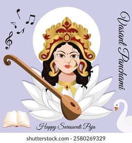 Vasant Panchami, a Hindu festival dedicated to Goddess Saraswati. The illustration features Goddess Saraswati adorned with a golden crown and surrounded by white lotus petals. She holds a veena.