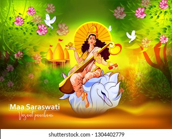 Vasant Panchami India festival, Goddess of Wisdom Maa Saraswati with background