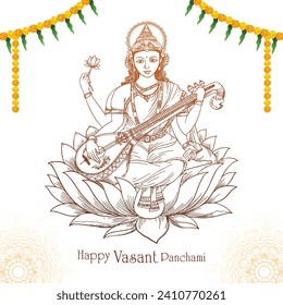 Vasant panchami on indian god saraswati maa sketch religious card design