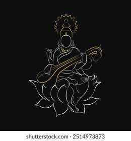 Vasant Panchami and Saraswati Puja festival line art on dark background.