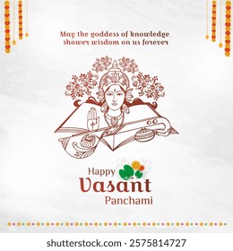 Vasant Panchami. Saraswati Puja. Social Media Square Post Vector Design Template