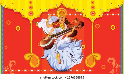 Vasant Panchami, also spelled Basant Panchami, illustration of Goddess of Wisdom Saraswati 