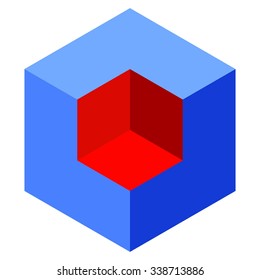 Vasarely cube illustration, blue and red logo design element, optical illusion