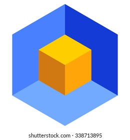 Vasarely cube illustration, blue and yellow logo design element, optical illusion