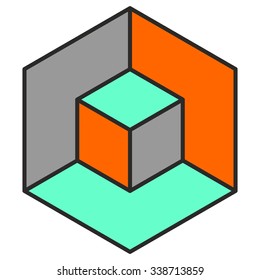 Vasarely cube in three colors, logo design element, optical illusion