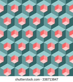 Vasarely cubes pattern, seamless geometric pattern in shades of teal and coral, optical illusion