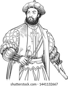 Vasco da Gama portrait in line art illustration  He was Portuguese explorer   the first European sailor to navigate route to the East   India through the Cape Good Hope 