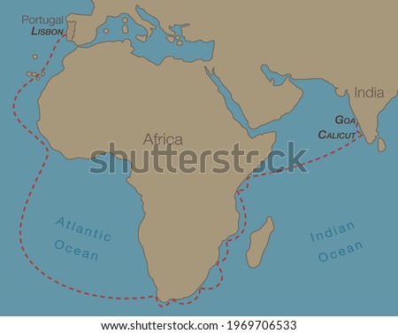 Vasco da Gama, Portuguese explorer, his first voyage from Lisbon around Africa to India, discovery of the sea route through the Atlantic and Indian Ocean. Vector map illustration.
