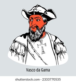 Vasco da Gama - portugiesischer Navigator der Ära der Großen Geografischen Entdeckungen. Handgezeichnete Vektorgrafik.