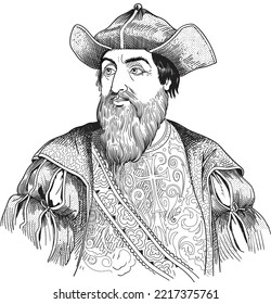 Vasco de Gama, der im Jahre 1498 das Kap der Guten Hoffnung rundete und nach Calicut segelte, an der Küste von Malabar. Vektorgrafik