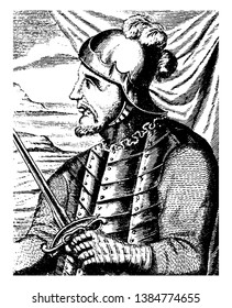 Vasco Nunez de Balboa, c. 1475-1519 war er ein spanischer Entdecker, Gouverneur und Eroberer, der am meisten dafür bekannt ist, 1513 den Isthmus des Panamas zum Pazifik überquert zu haben, die Vintage-Linie zeichnen