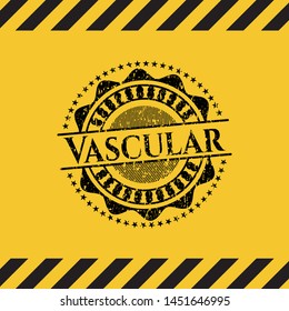 Vascular black grunge emblem inside yellow warning sign. Vector Illustration. Detailed.