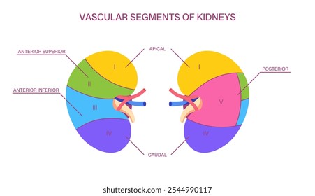 Segmentos vasculares dos rins. Anatomia codificada por cores com seções apical, caudal, anterior e posterior