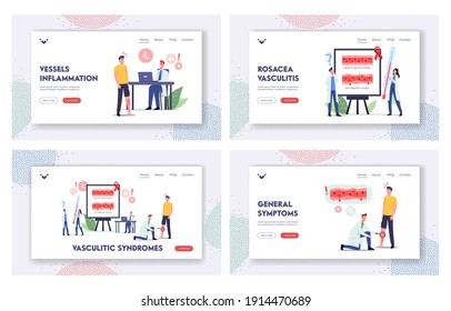 Vasculitic Syndromes Landing Page Template Set. Vessels Inflammation, Rosacea Vasculitis Treatment. Doctor Characters Check Up Patient Diseased Foot, Health Care. Cartoon People Vector Illustration