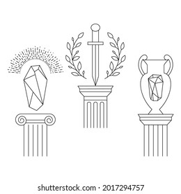 Vase, amphora, antique columns, dagger silhouettes collection. Outline vector icon set.