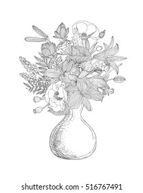 Vase with assorted flowers. Linear illustration black on white