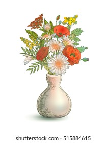 Vase with assorted flowers on white background