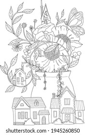Vase with beautiful flowers, houses, berries and butterfly. Hand drawn illustration.