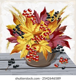 Vase with berries and leaves.Vector illustration with autumn leaves and bright berries in a vase on a wooden tabletop.