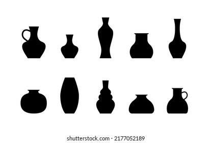 Vase big set. Pottery Vases Flower Home Interior Decoration. Vector icon collection. Black Silhouettes.