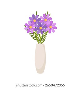 Vaso com flores floridas para decoração e interior. Belas flores em vaso cerâmico isolado no fundo branco. Estoque vetorial