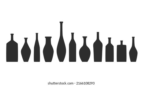 Vase and bottle silhouettes set. Different jugs and vessels silhouette collection. Various forms and shapes of vases. Clay ceramic or grass bottles set. Isolated vector
