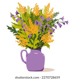 Vase with bouquet with blooming flowers and herbs, mimosa. Spring. Home decor. Vector illustration