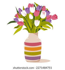 La barrera con ramo con tulipanes floridos. Flores de primavera. Decoración casera. Ilustración del vector