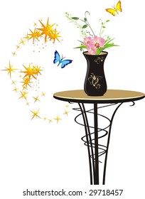 Vase with bouquet of orchids and grass. Vector