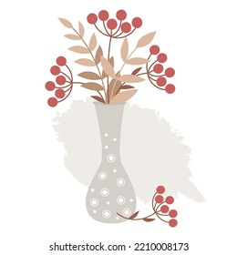 La barrera con ramo de bayas y hojas rojas. Bunch de ramas de rowan y otoño con hojas. Ilustración vectorial. Para postales, diseño, decoración, cubiertos, temas acogedores de otoño e invierno