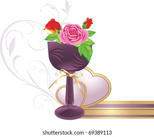 Vase with bouquet of roses and hearts. Vector