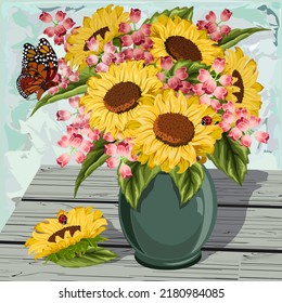 Vase with a bouquet of sunflowers.Vector illustration with sunflowers in a vase on a wooden tabletop.