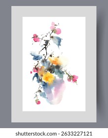 Vaso com buquê de flores silvestres ou flores secas com pétalas brilhantes na impressão. Cartaz em aquarela. Obra de arte com buquê em vaso para decorar o interior do apartamento, em quadro com decoração para arte de parede