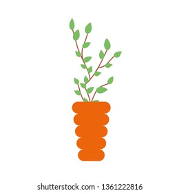 Vase with branch of tree. Spring bouquet. Home decor. Isolated vector vase. 