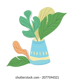 Vase with a bunch of different color leaves. Botanical illustration vector