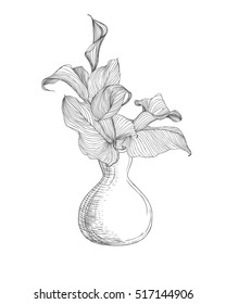 Vase with calla lily flowers. Linear illustration black on white