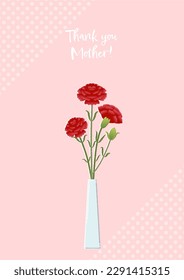 Vase of carnations and message of thanks "Thank you Mother!" handwritten style illustration