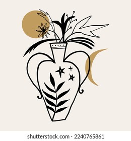 Vase Keramik Bouquet noch lebendig boho moderne abstrakte handwerkliche Illustration Clip Art in skandinavischem Stil