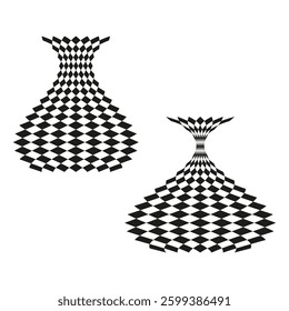 Vase chess pattern. Curved diamond texture. Optical illusion shape. Vector swirl illustration.