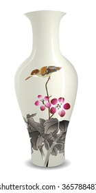 vase with Chinese ink style flower bird drawing
