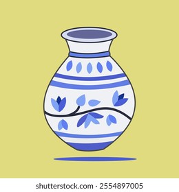 Vase from Chinese porcelain. Clip art of blue porcelain isolated on yellow background,vector file.