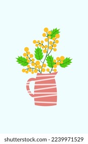 Vase with Christmas Holly sprig on a bluish background. Yellow berries Holly.