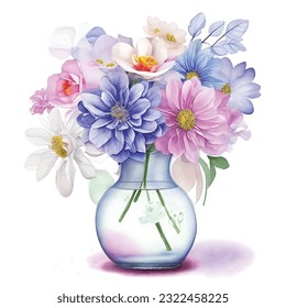 Vase of Colorful Flowers Watercolor, Different kinds of flowers