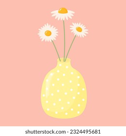 Vase with daisies. Bouquet of chamomile in pastel vase. Still life postcard. Cartoon flat illustration.