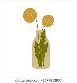 A vase with dandelions. Flowers in a vase.
