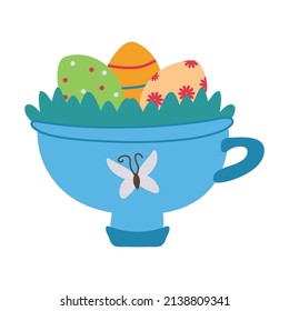 Vase with Easter eggs. Decorative tableware with the image of a butterfly. Illustration in cartoon flat and naive style