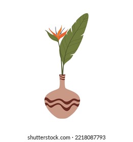 Vase with exotic herbal plant, leaf on stem in scandinavian vase, interior decor. Vector flat cartoon spring bouquet home decoration, simple design