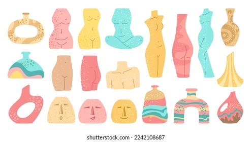 Vase female shape modern set. Woman body form sculpture vases. Boho elegant pitcher, ceramic jug with grunge dirty splattered textured. Geometric figures woman bodies, bust, hips vessel trendy vector
