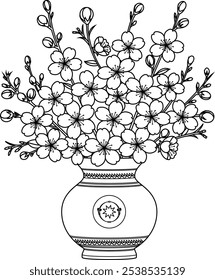 Vase filled with blooming peach blossoms outline coloring page. China lunar new year colouring page 